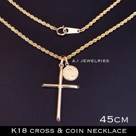 ロープ ネックレス 18金 クロス コイン ダブル ペンダント 45cm mens メンズ K18 rope necklace cross coin