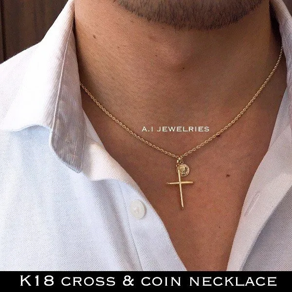 ロープ ネックレス 18金 クロス コイン ダブル ペンダント 45cm mens メンズ K18 rope necklace cross coin