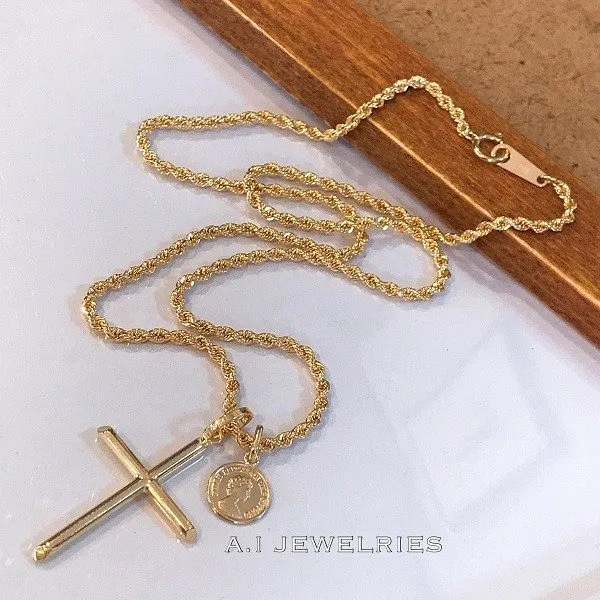 ロープ ネックレス 18金 クロス コイン ダブル ペンダント 45cm mens メンズ K18 rope necklace cross coin