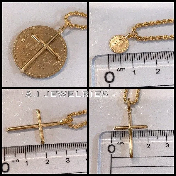 ロープ ネックレス 18金 クロス コイン ダブル ペンダント 45cm mens メンズ K18 rope necklace cross coin